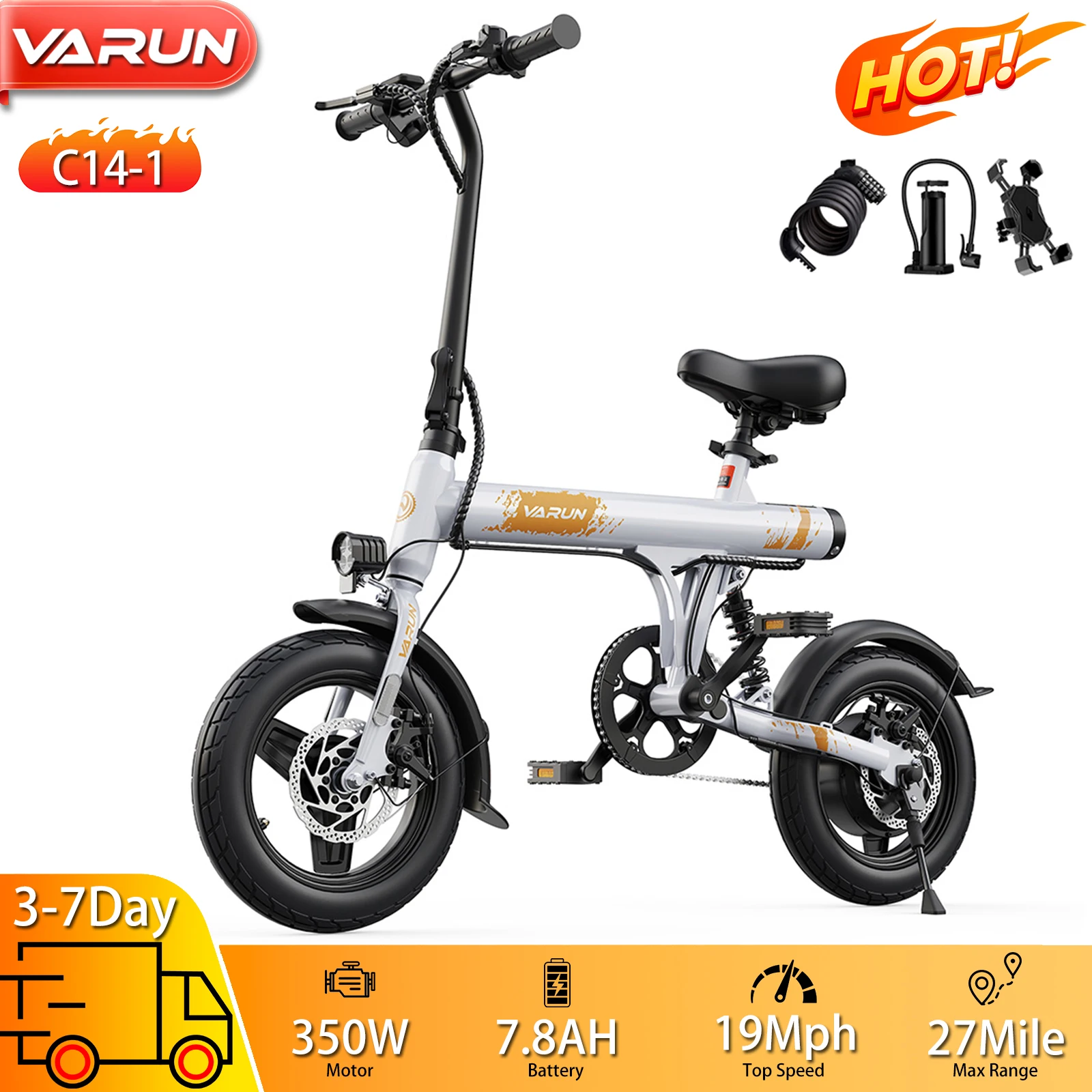 Electric Bike VARUN 14" 350W Motor City Ebike Top Speed 19Mph Foldable 36V 7.8AH Max Range 27MIles Max Load 264Ibs New
Electric Bike VARUN 14" 350W Motor City Ebike Top Speed 19Mph Foldable 36V 7.8AH Max Range 27MIles Max Load 264Ibs New