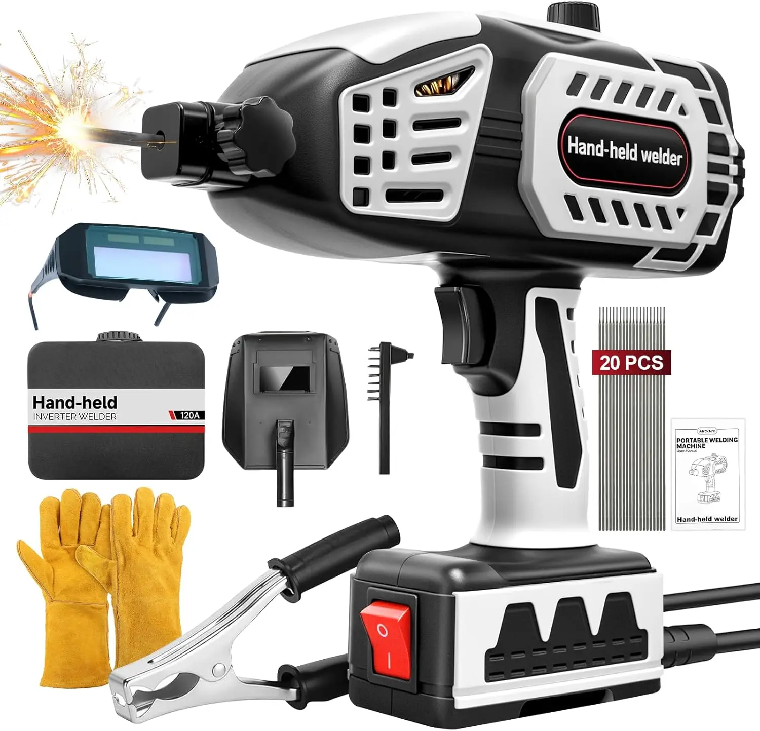 Portable Handheld Welding Machine 110V IGBT Inverter 20-120A for Metal with 3/32-1/8" Wire Rods
Portable Handheld Welding Machine 110V IGBT Inverter 20-120A for Metal with 3/32-1/8" Wire Rods