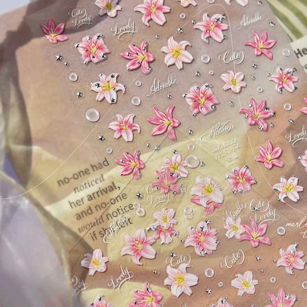 Exquisite Pink Blossoming Lily Flower Bright Petal Silver Pentagram Star Bubble self-adhesive Adhesive Nail Art Sticker ornamen
Exquisite Pink Blossoming Lily Flower Bright Petal Silver Pentagram Star Bubble self-adhesive Adhesive Nail Art Sticker ornamen