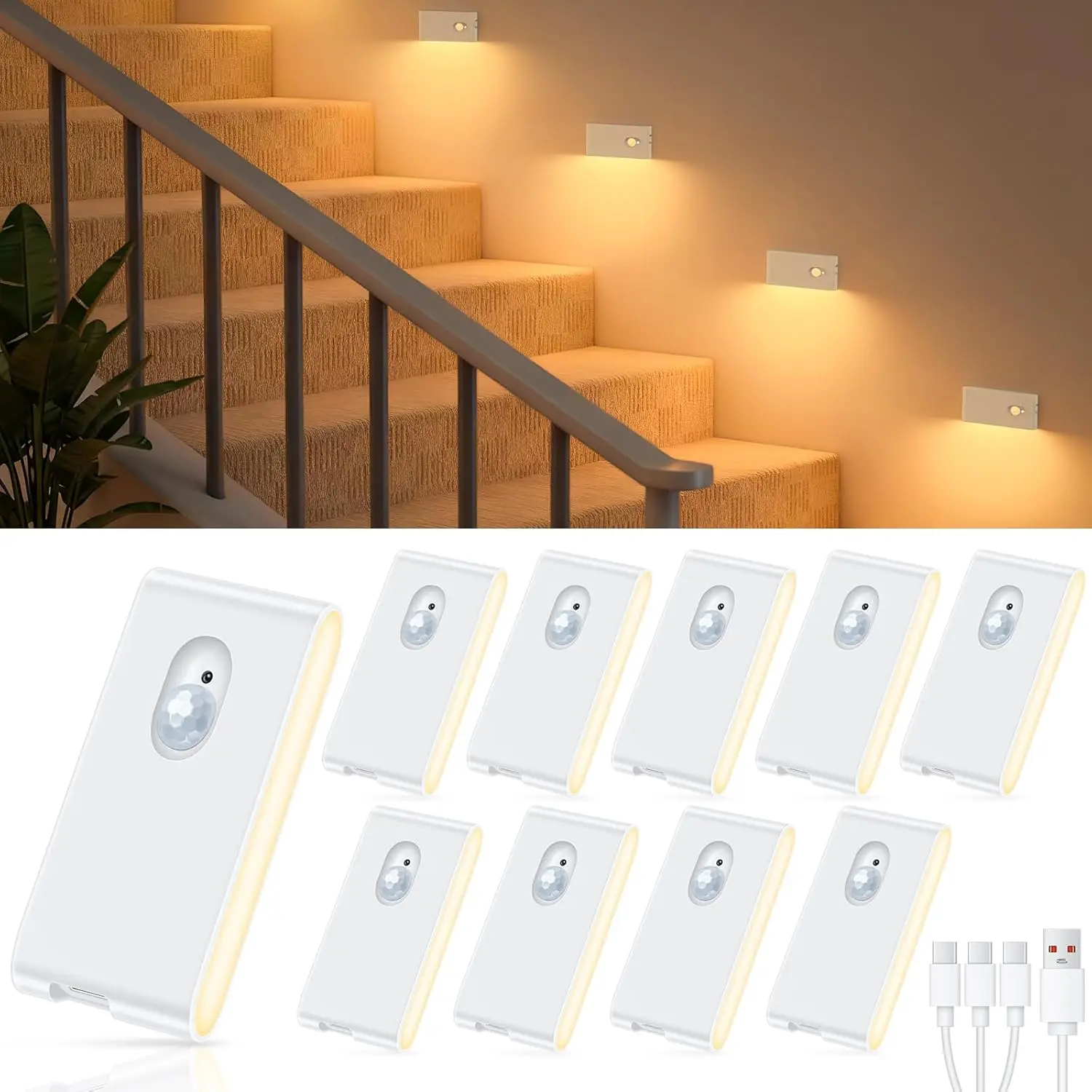 Rechargeable Motion Sensor Night Light, 10 Pack, Warm White Stair Lights, Wireless LED for Hallway, Bathroom, Kitchen
Rechargeable Motion Sensor Night Light, 10 Pack, Warm White Stair Lights, Wireless LED for Hallway, Bathroom, Kitchen