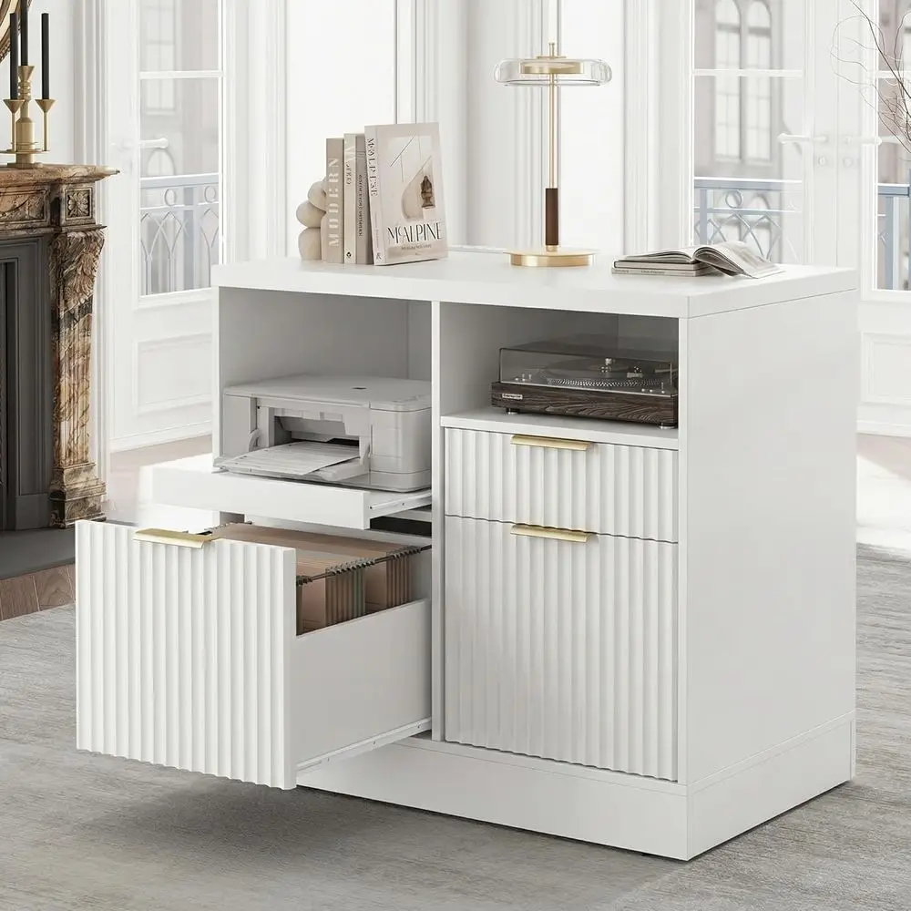 White Wooden Lateral Filing Cabinet with Charging Station and Printer Stand, Open Storage Shelves, Suitable for A4/Letter-Sized
White Wooden Lateral Filing Cabinet with Charging Station and Printer Stand, Open Storage Shelves, Suitable for A4/Letter-Sized