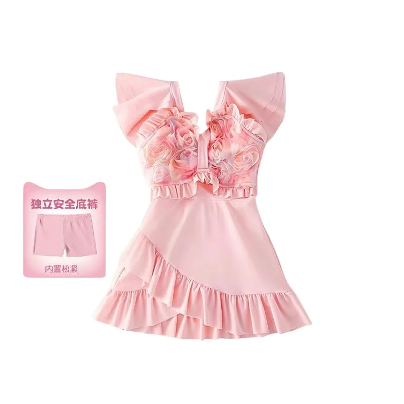 Girls Pink Dress Style Swimwear Three-dimensional Rose Print Fly Sleeve Design Built-in Safety Bottoms Swimsuit
Girls Pink Dress Style Swimwear Three-dimensional Rose Print Fly Sleeve Design Built-in Safety Bottoms Swimsuit