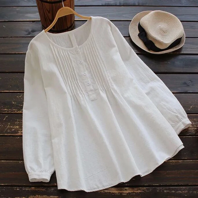 Cotton Linen Long-sleeved Round Neck Pleated Shirt Female Spring and Summer New Korean Fashion Temperament Loose Big Yards Casua
Cotton Linen Long-sleeved Round Neck Pleated Shirt Female Spring and Summer New Korean Fashion Temperament Loose Big Yards Casua