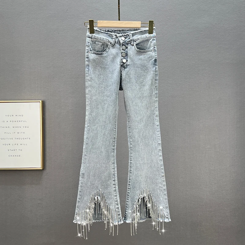 Spring Women's High Waist Slim Fit Denim Jeans Tassel Detail Multi-Buled Chic Diamond Embellied Split Flared Pants
Spring Women's High Waist Slim Fit Denim Jeans Tassel Detail Multi-Buled Chic Diamond Embellied Split Flared Pants