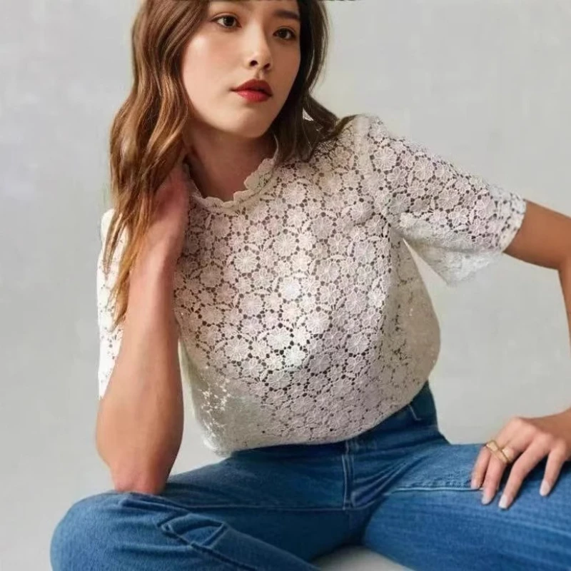 Sezanes Fashion Retro T-shirt Summer New Sweet Embroidery Hollow Crochet Lace Lapel Loose Short Sleeve Shirt Top
Sezanes Fashion Retro T-shirt Summer New Sweet Embroidery Hollow Crochet Lace Lapel Loose Short Sleeve Shirt Top