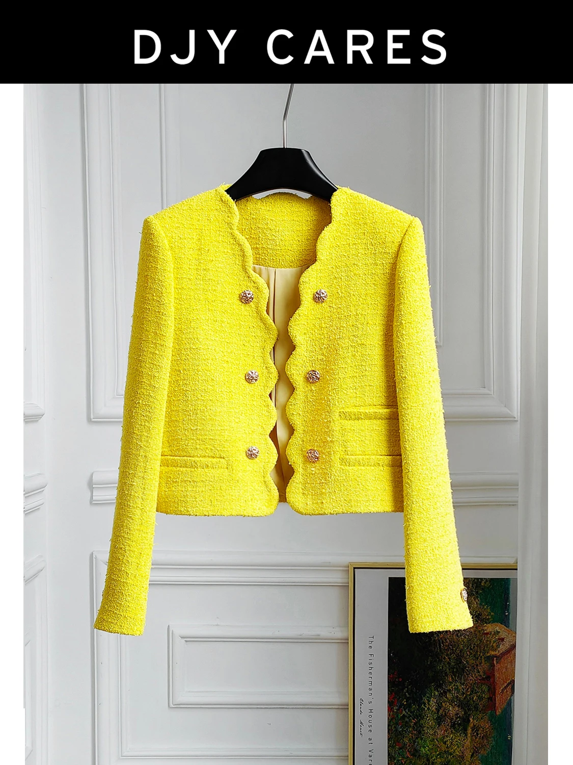 New Rough tweed wavy coat, lemon yellow short top big size
New Rough tweed wavy coat, lemon yellow short top big size