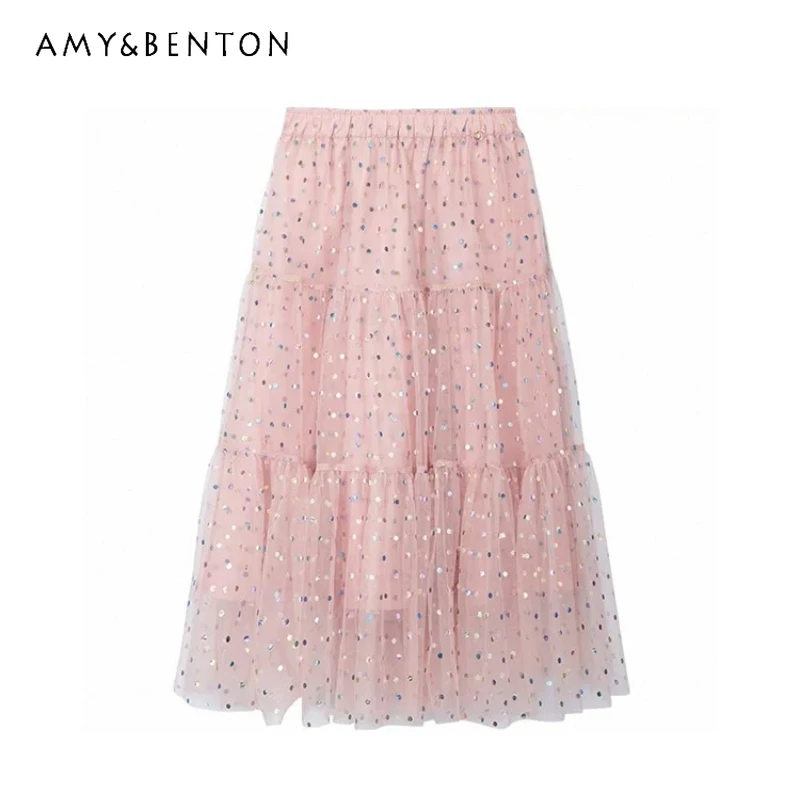 Temperament Elegant Pink Polka Dot Mesh Women's Cake Dress Sweet French Design Elastic Waist Long Fluffy Princess Skirts Ladies
Temperament Elegant Pink Polka Dot Mesh Women's Cake Dress Sweet French Design Elastic Waist Long Fluffy Princess Skirts Ladies