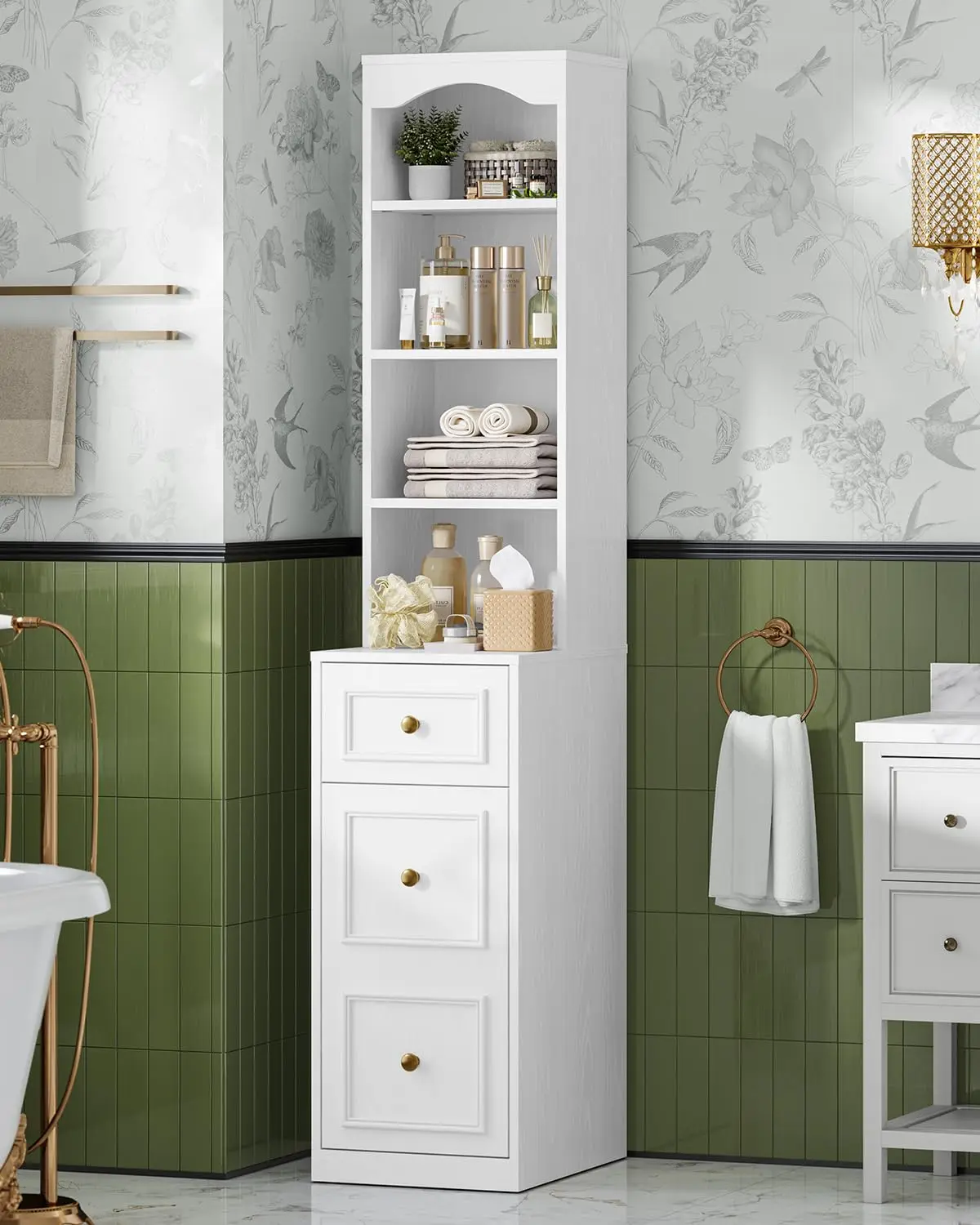 67" Tall Bathroom Storage Cabinet with 4 Open Shelves, Drawer & Cabinet, L-Shaped Narrow Bathroom Storage Cabinet, Customized
67" Tall Bathroom Storage Cabinet with 4 Open Shelves, Drawer & Cabinet, L-Shaped Narrow Bathroom Storage Cabinet, Customized