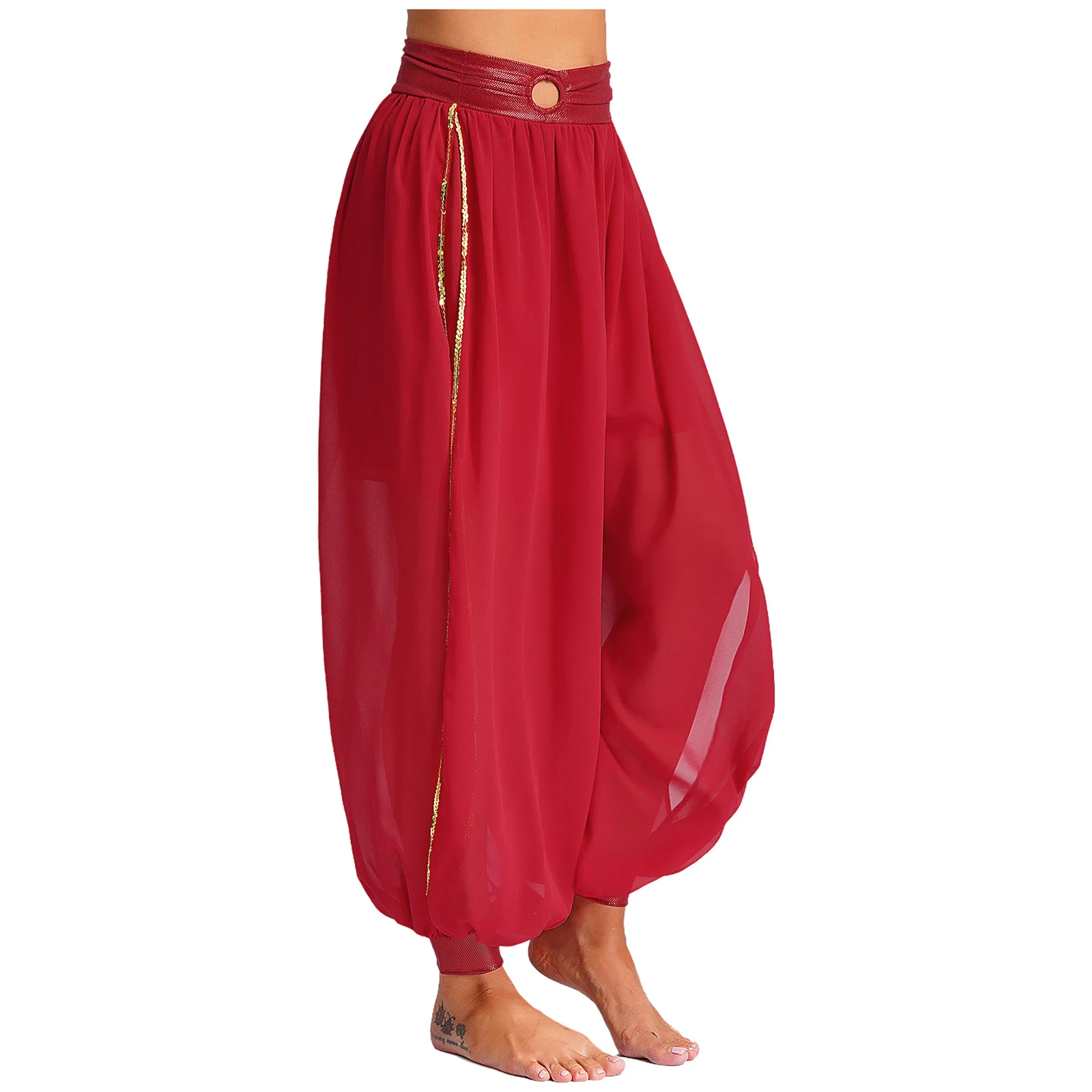 Womens Indian Belly Dance Pants Bloomers Chiffon O-ring Ruch Side Split Pants for Belly Dancing Theme Party Carnival Costume
Womens Indian Belly Dance Pants Bloomers Chiffon O-ring Ruch Side Split Pants for Belly Dancing Theme Party Carnival Costume