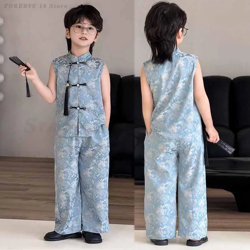 Summer New Blue New Chinese Style Tang Suit Vintage Improved 2Pcs Vest& Pants Handsome Boy Chinese Traditional Clothing
Summer New Blue New Chinese Style Tang Suit Vintage Improved 2Pcs Vest& Pants Handsome Boy Chinese Traditional Clothing 