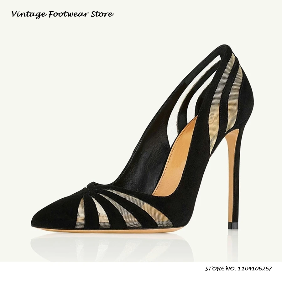 Hollow Out Air Mesh and Suede Pumps Black Pointed Toe 12cm Super High Heels Women's Spring Summer Slip-on Party Wedding Shoes
Hollow Out Air Mesh and Suede Pumps Black Pointed Toe 12cm Super High Heels Women's Spring Summer Slip-on Party Wedding Shoes
