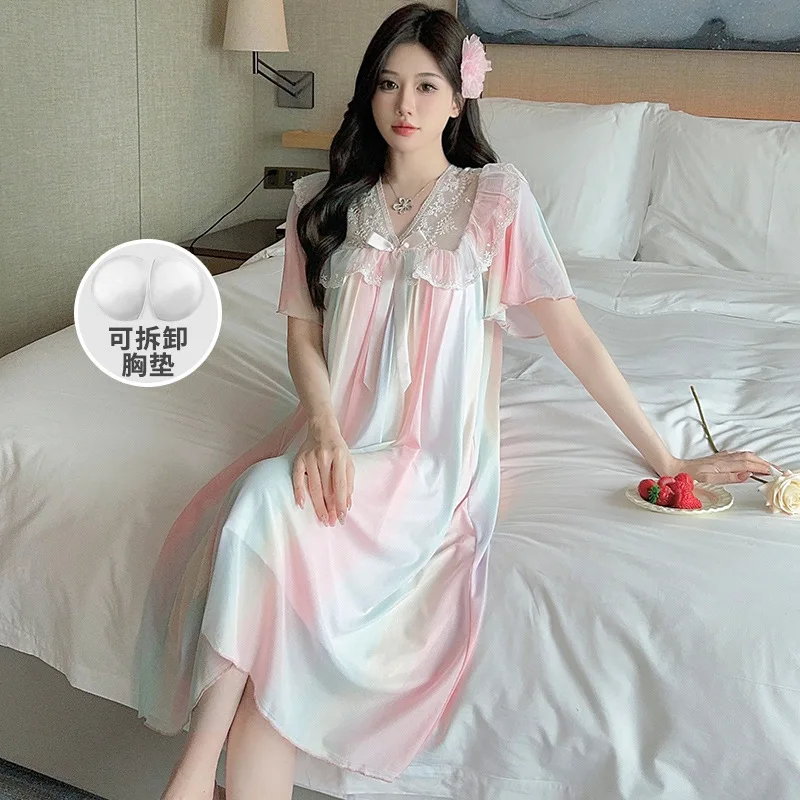 Summer Mesh Court Princess Nightgown Korean Women Rainbow Print Short Sleeve Home Clothes with Chest Pad Sleepwear Outdoor Wear
Summer Mesh Court Princess Nightgown Korean Women Rainbow Print Short Sleeve Home Clothes with Chest Pad Sleepwear Outdoor Wear