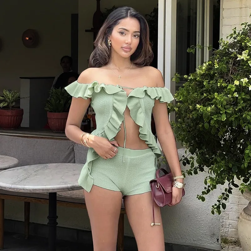 Women Solid Knit Ruffles 2 Piece Set Summer Holiday Beach Suits Slash Neck Off Shoulder Lace Up Crop Tops + Shorts Casual Suits
Women Solid Knit Ruffles 2 Piece Set Summer Holiday Beach Suits Slash Neck Off Shoulder Lace Up Crop Tops + Shorts Casual Suits