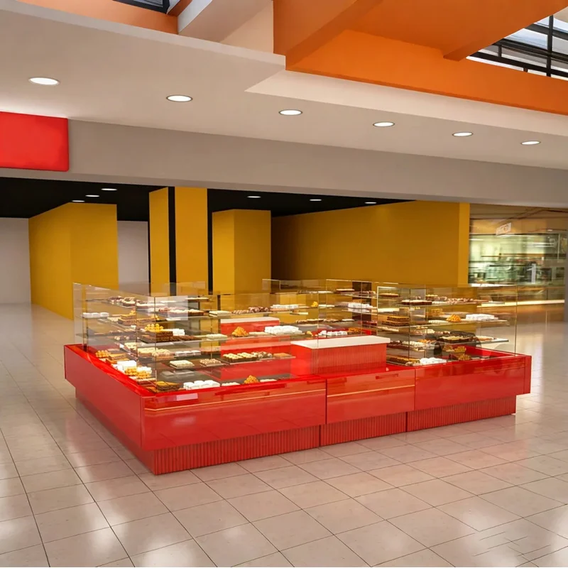 custom.Bright Red Multi-sided Bakery Display, Large Glass showcase Pastries and Sweets in Mall Food Courts.
custom.Bright Red Multi-sided Bakery Display, Large Glass showcase Pastries and Sweets in Mall Food Courts.