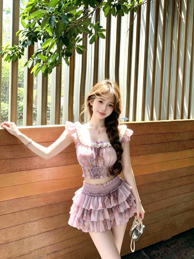Summer New Pure Desire Purple Floral Top And Cake Skirt Set Women's Slimming Waist High Waist Short Sleeve Two-Piece Set
Summer New Pure Desire Purple Floral Top And Cake Skirt Set Women's Slimming Waist High Waist Short Sleeve Two-Piece Set