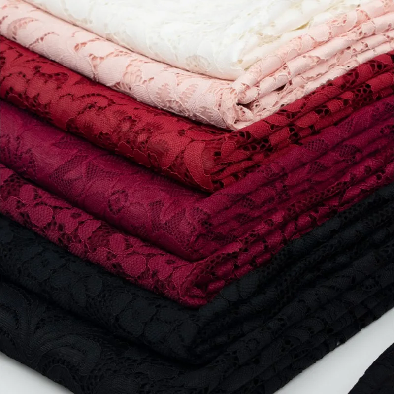 Spring/summer hollow stretch lace fabric hanging wine red dress cheongsam coat garment
Spring/summer hollow stretch lace fabric hanging wine red dress cheongsam coat garment