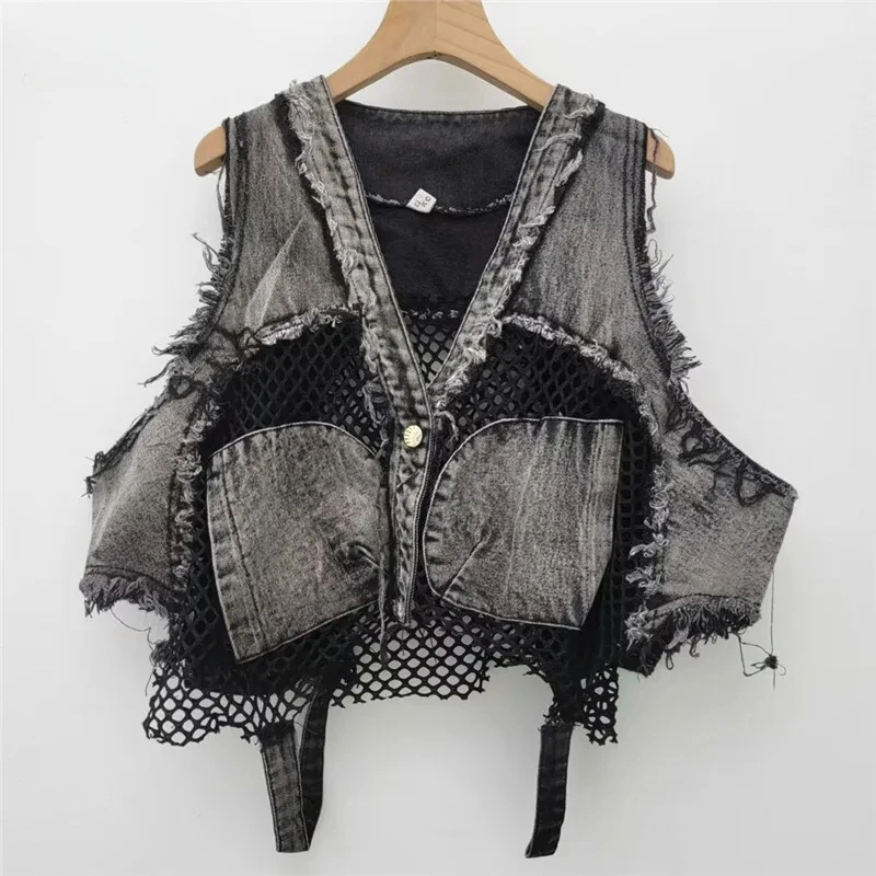 Fashion Women's Mesh Splicing V-neck Denim Tank Tops Loose Burrs Sleeveless Short Vest Female Trendy
Fashion Women's Mesh Splicing V-neck Denim Tank Tops Loose Burrs Sleeveless Short Vest Female Trendy