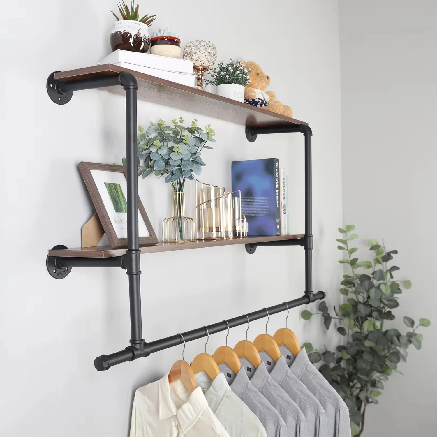 Industrial Pipe Clothing Rack Wall Mounted Wood Shelf,Pipe Shelving Floating Shelves,Retail Garment Rack Display Rack Clothes
Industrial Pipe Clothing Rack Wall Mounted Wood Shelf,Pipe Shelving Floating Shelves,Retail Garment Rack Display Rack Clothes
