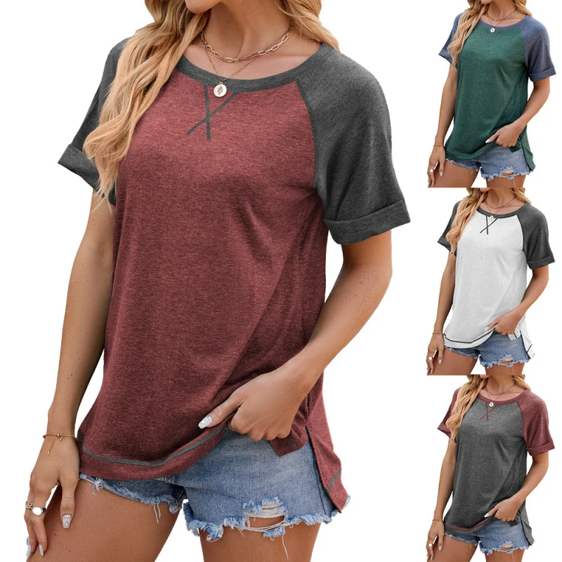 Popular2025New European and American Style Hot-Selling Spring/Summer Color-Block Round Neck Split Loose Short SleeveTWomen's-s
Popular2025New European and American Style Hot-Selling Spring/Summer Color-Block Round Neck Split Loose Short SleeveTWomen's-s