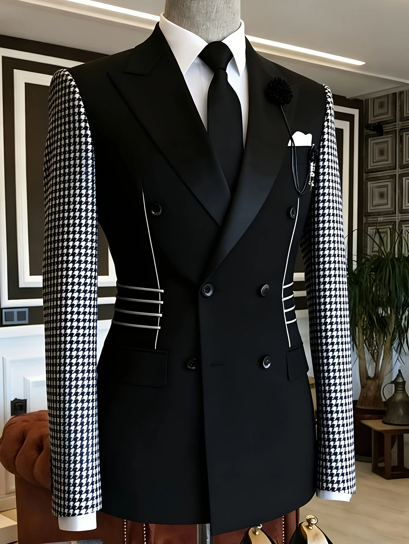 Men Black Double Breasted Blazer Houndstooth Contrast Sleeves White Piping Waist Strip Decor Slim Fit Wedding Groom Formal Tuxed
Men Black Double Breasted Blazer Houndstooth Contrast Sleeves White Piping Waist Strip Decor Slim Fit Wedding Groom Formal Tuxed