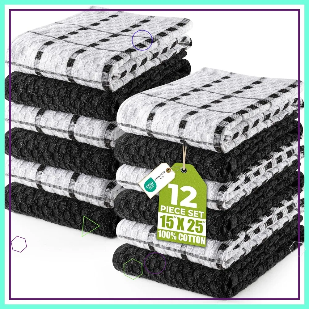 Kitchen Towels 12 Pack, 15 x 25 Inches, Super Soft Absorbent Cotton Dish Cloths, Black
Kitchen Towels 12 Pack, 15 x 25 Inches, Super Soft Absorbent Cotton Dish Cloths, Black