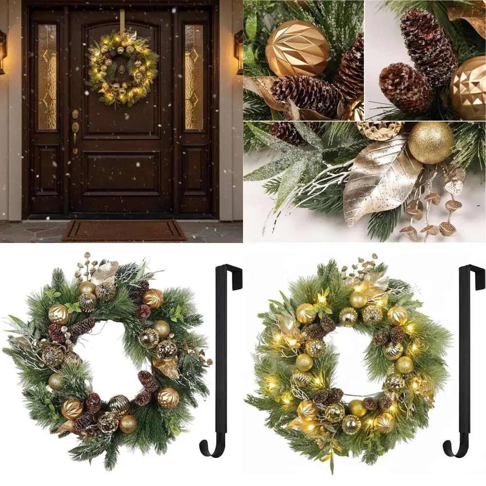 Golden Ball-Decorated Frosted Evergreen Wreath with Lights, 24 Artificial Outdoor/Indoor Winter Decor
Golden Ball-Decorated Frosted Evergreen Wreath with Lights, 24 Artificial Outdoor/Indoor Winter Decor