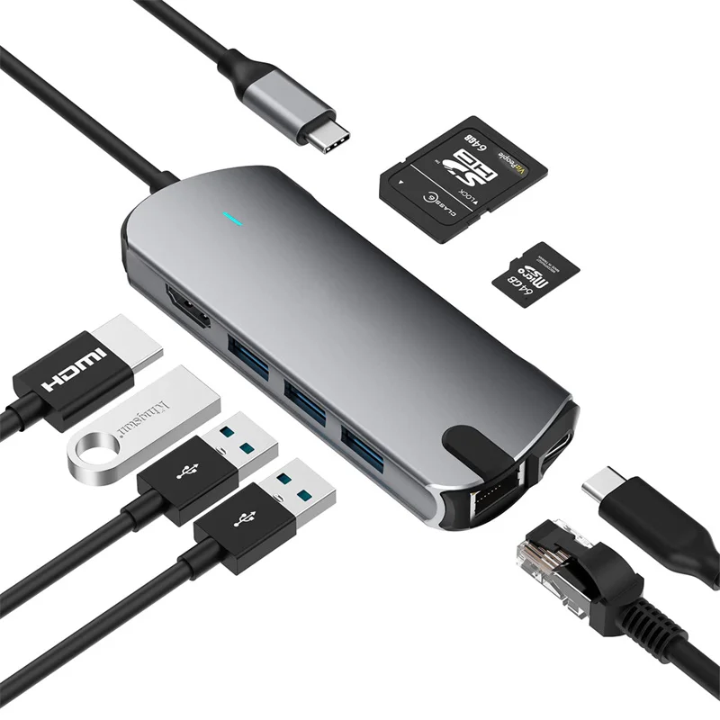 8 in 1 Type-c Docking Station HDMI-compatatible 4K@30 RJ45 1000M 100W PD Charging USB3.0 Hub Laptop Multi-function Hub
8 in 1 Type-c Docking Station HDMI-compatatible 4K@30 RJ45 1000M 100W PD Charging USB3.0 Hub Laptop Multi-function Hub