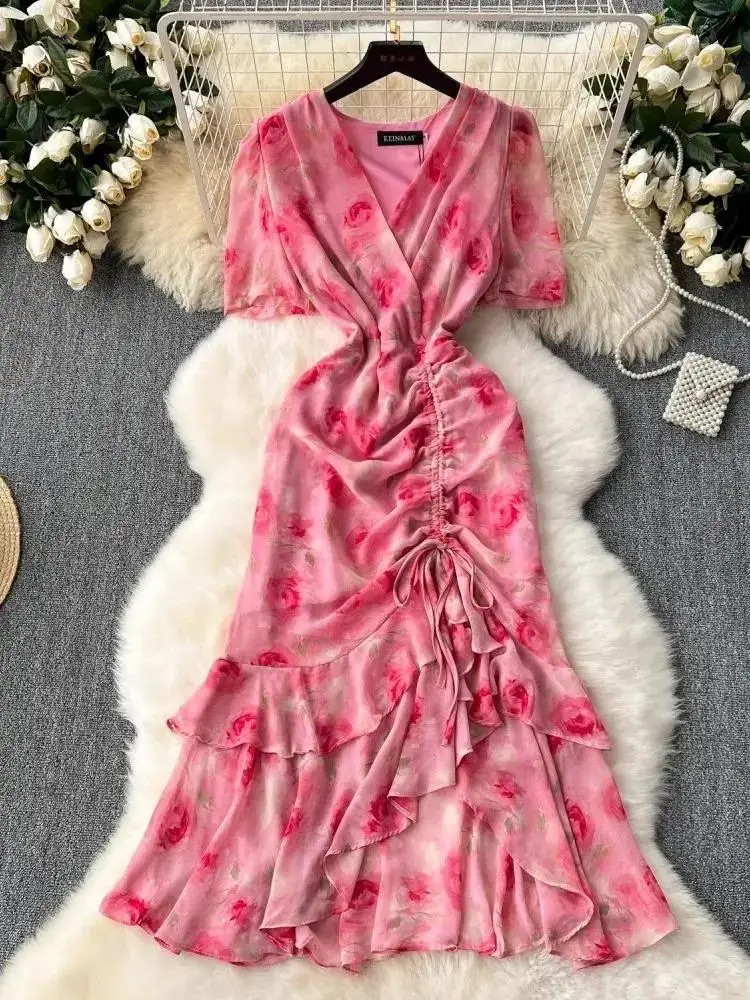 Elegant Gorgeous Flower Cascading Ruffles Dresses Women V Neck Floral Print Chiffon Slim Bodycon Drawstring Mermaid Clothing
Elegant Gorgeous Flower Cascading Ruffles Dresses Women V Neck Floral Print Chiffon Slim Bodycon Drawstring Mermaid Clothing