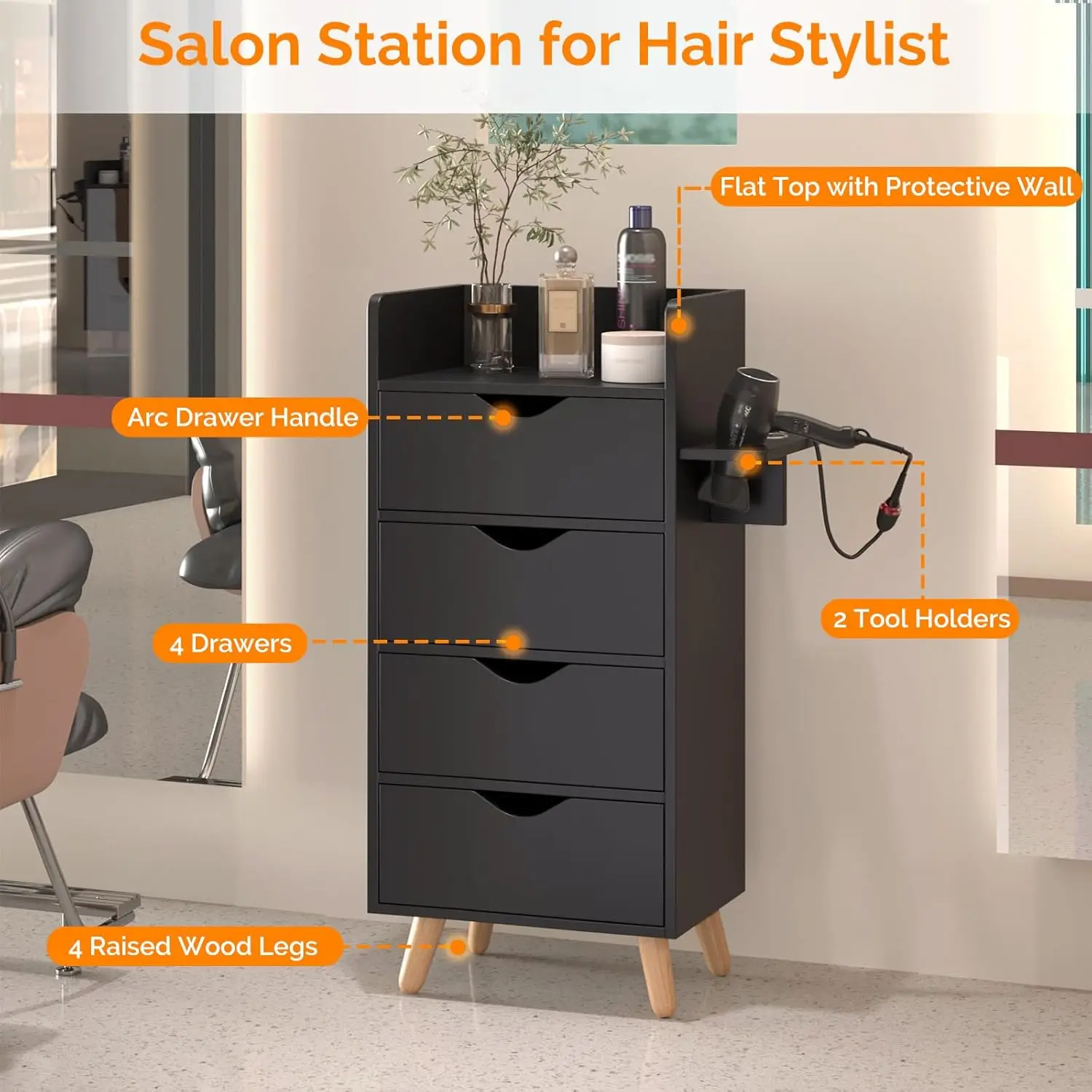 4-Layer Storage Cabinet Barber Styling Station with 2 Dryer Holders 4 Drawers Raised Legs, Custom
4-Layer Storage Cabinet Barber Styling Station with 2 Dryer Holders 4 Drawers Raised Legs, Custom
