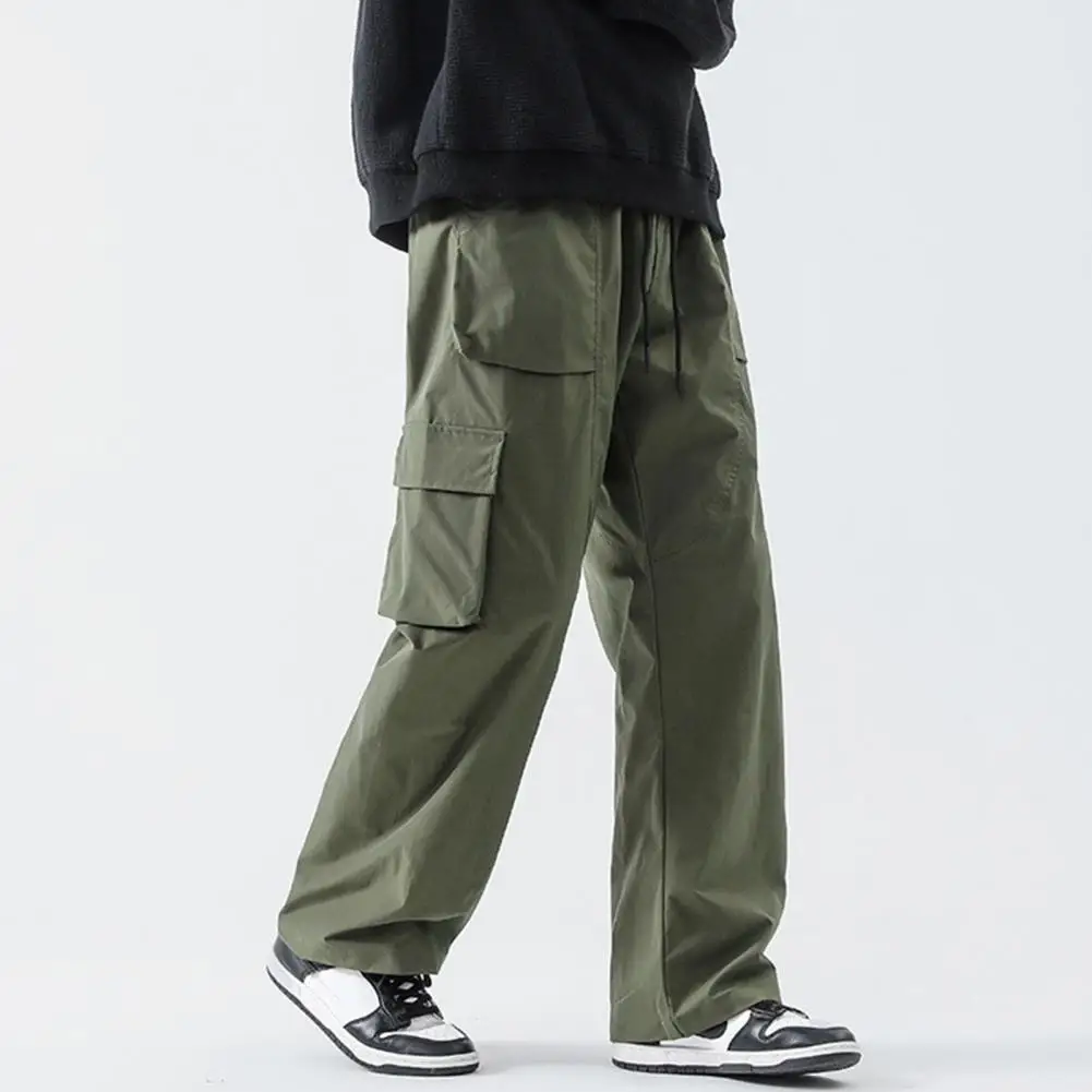 Ergonomic Design Trousers Men's Elastic Drawstring Cargo Pants with Pockets Solid Color Straight Wide Leg for Streetwear
Ergonomic Design Trousers Men's Elastic Drawstring Cargo Pants with Pockets Solid Color Straight Wide Leg for Streetwear