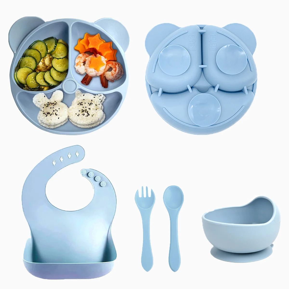 5-piece children's silicone tableware set, bowl, plate, bib, fork and spoon, specially designed for baby food supplements
5-piece children's silicone tableware set, bowl, plate, bib, fork and spoon, specially designed for baby food supplements