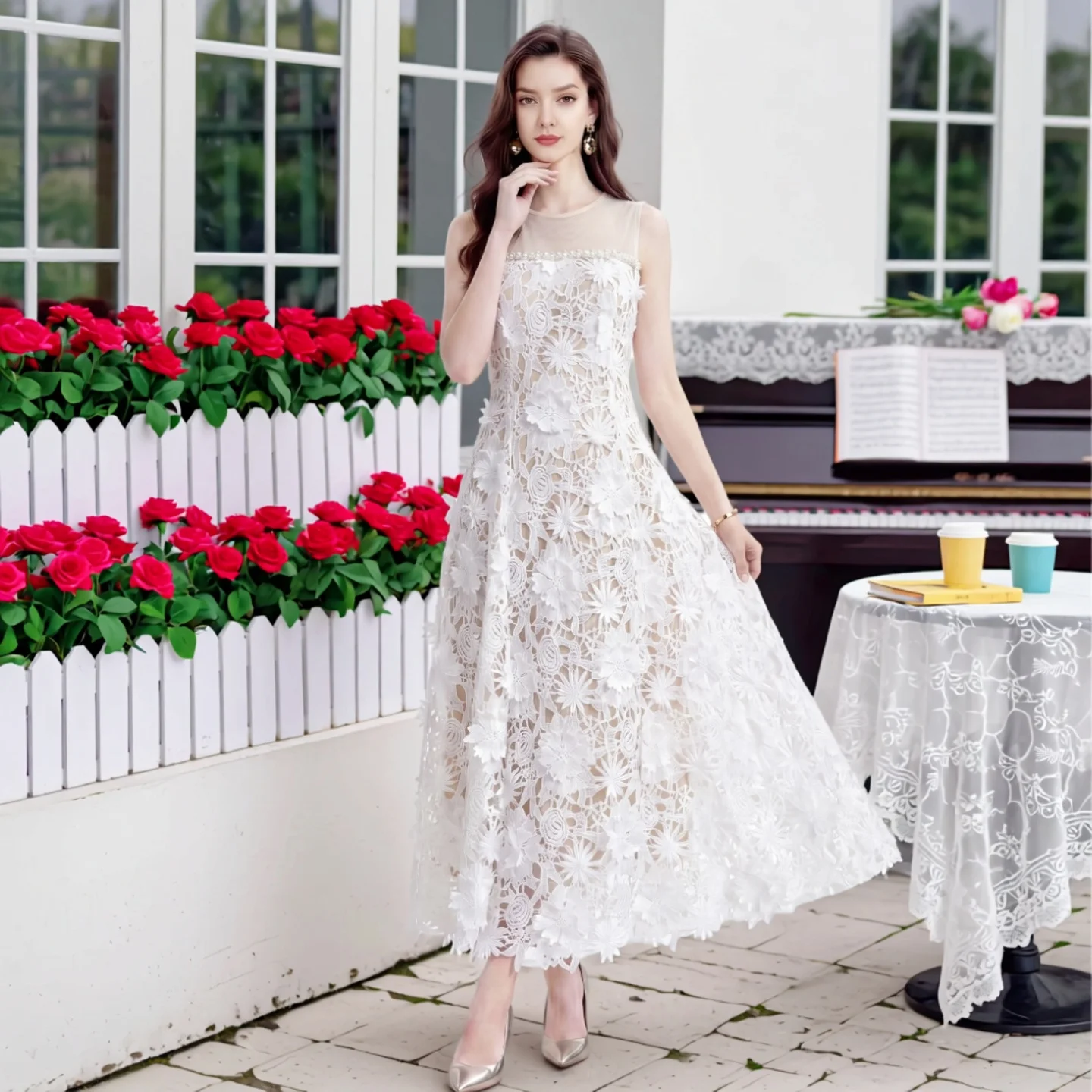 Elegant Embroidered Lace Sleeveless Gown with Waist Cinching Floral Design for Ladies Summer High Waist Hollow out Dress
Elegant Embroidered Lace Sleeveless Gown with Waist Cinching Floral Design for Ladies Summer High Waist Hollow out Dress