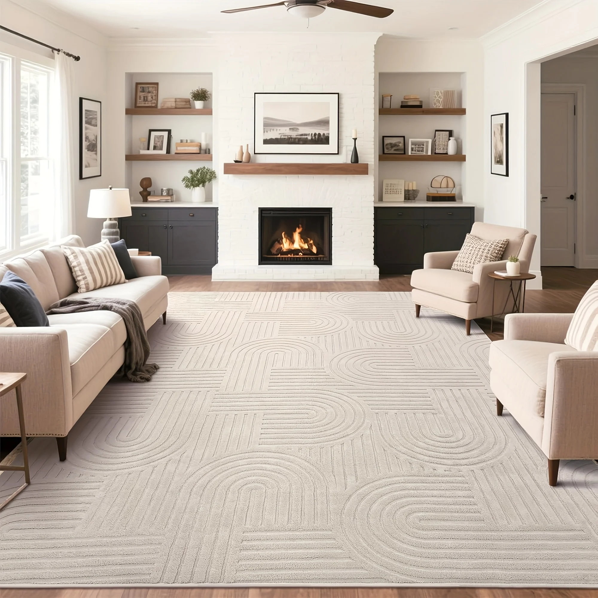 Beige Area Rug with a Soft, Cozy, And Fluffy Arch Pattern Featuring a High-Low Pile Texture. This Modern Geometric Carpet Is Non
Beige Area Rug with a Soft, Cozy, And Fluffy Arch Pattern Featuring a High-Low Pile Texture. This Modern Geometric Carpet Is Non