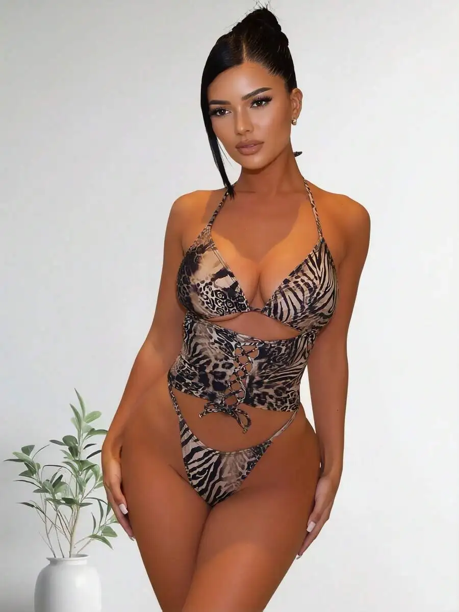 Womens Brown Animal Print Halter Neck Cutout Lace-Up Swimsuit With Tummy Control
Womens Brown Animal Print Halter Neck Cutout Lace-Up Swimsuit With Tummy Control
