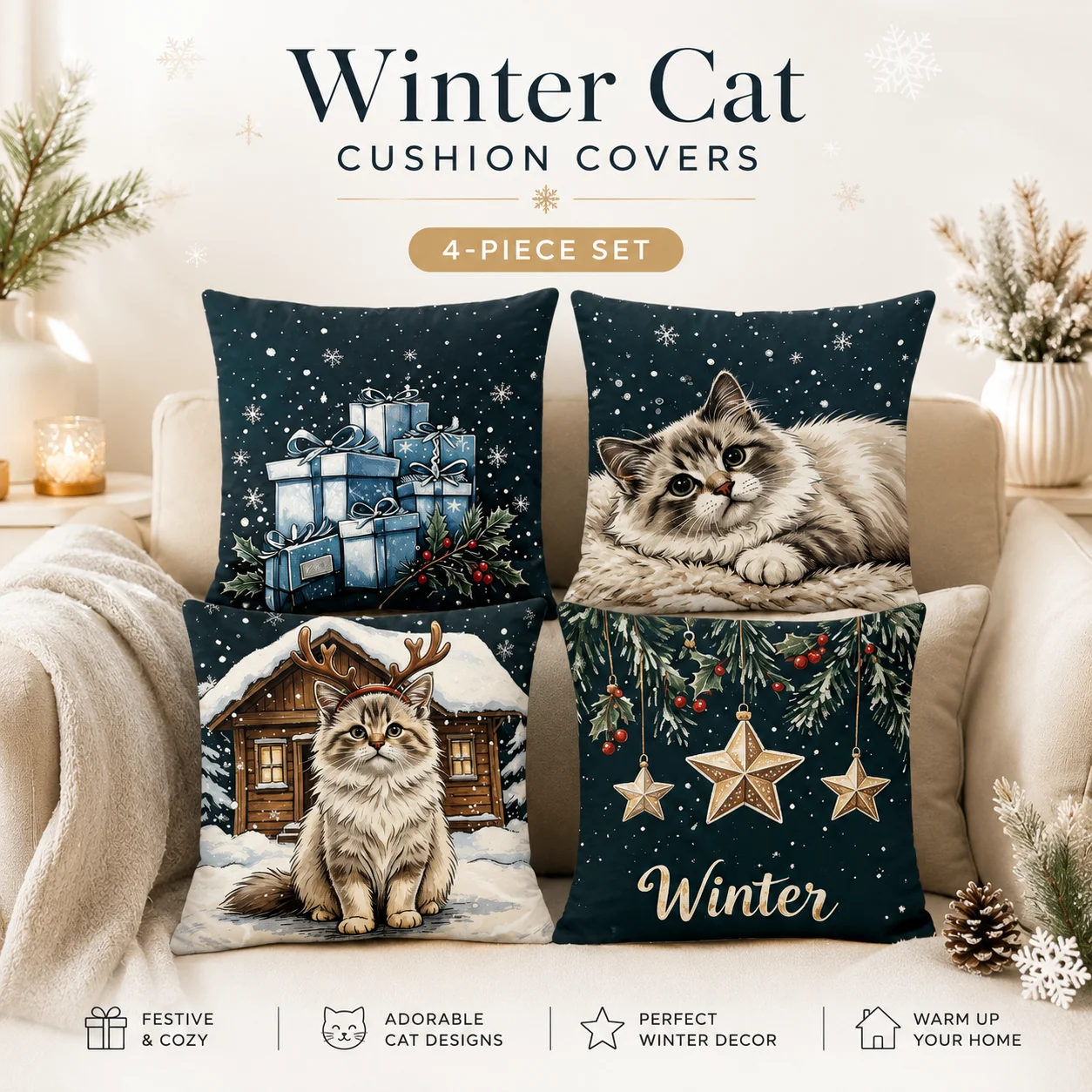 4Pcs Winter Cat Cushion Covers 2D Flat Printed Peach Skin Christmas Throw Pillow Cases Room Decor Coussin For Sofa Living Room
4Pcs Winter Cat Cushion Covers 2D Flat Printed Peach Skin Christmas Throw Pillow Cases Room Decor Coussin For Sofa Living Room