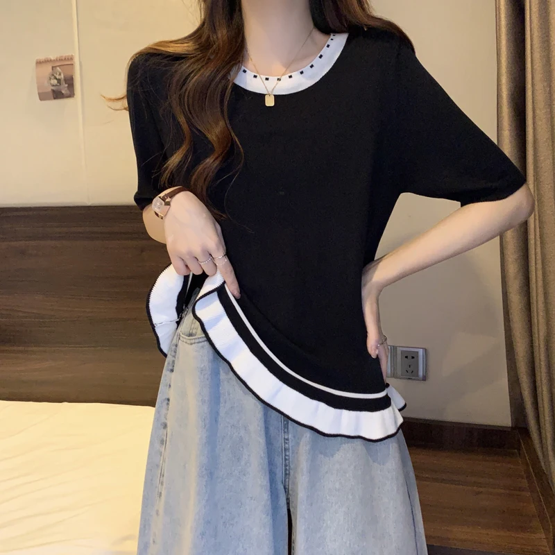 Summer High Quality Sweater Cotton Contrast Color Round Neck Camellia Female Patchwork Short-Sleeved T-Shirt Knitted Top
Summer High Quality Sweater Cotton Contrast Color Round Neck Camellia Female Patchwork Short-Sleeved T-Shirt Knitted Top