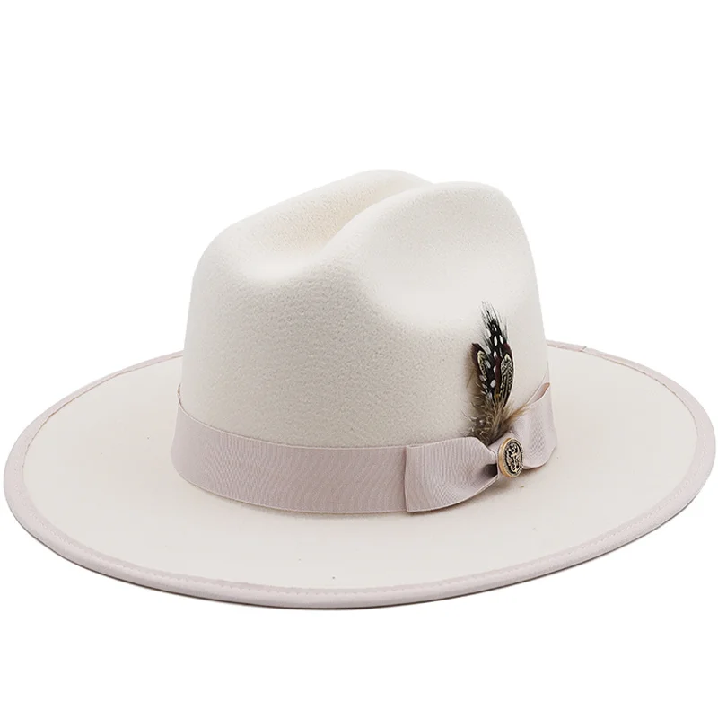 New Feather band Fedora Hat For Women Men Wool Felt Wide Brim Hat Vintage Jazz Fedora Hat Couple Cap Winter Fedoras para hombre
New Feather band Fedora Hat For Women Men Wool Felt Wide Brim Hat Vintage Jazz Fedora Hat Couple Cap Winter Fedoras para hombre