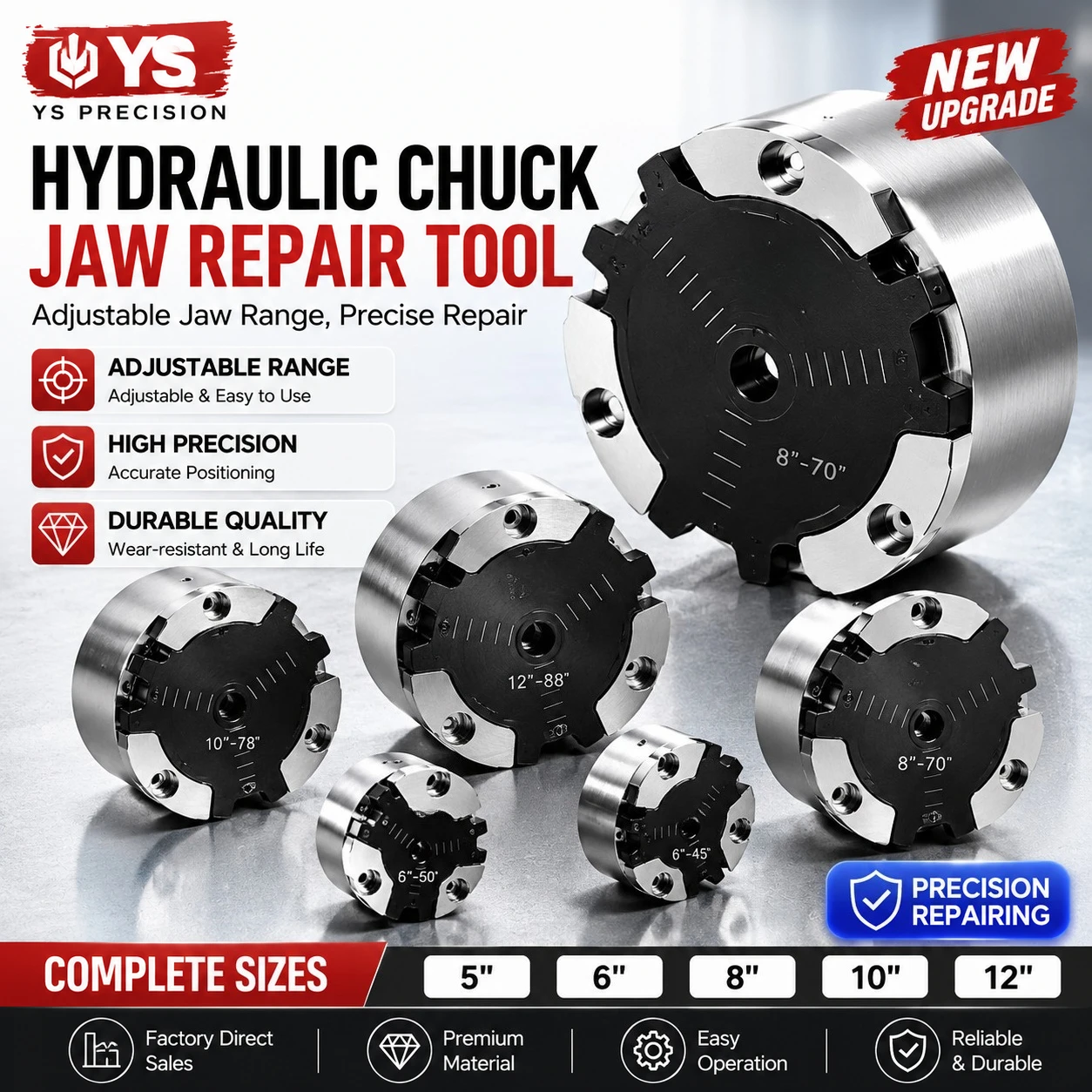 NEW Hydraulic Chuck Jaw Repair Tool High Precision Adjustable Soft Jaw Truing Device 5/6/8/10/12 Inch Lathe Chuck Repair Fixture
NEW Hydraulic Chuck Jaw Repair Tool High Precision Adjustable Soft Jaw Truing Device 5/6/8/10/12 Inch Lathe Chuck Repair Fixture