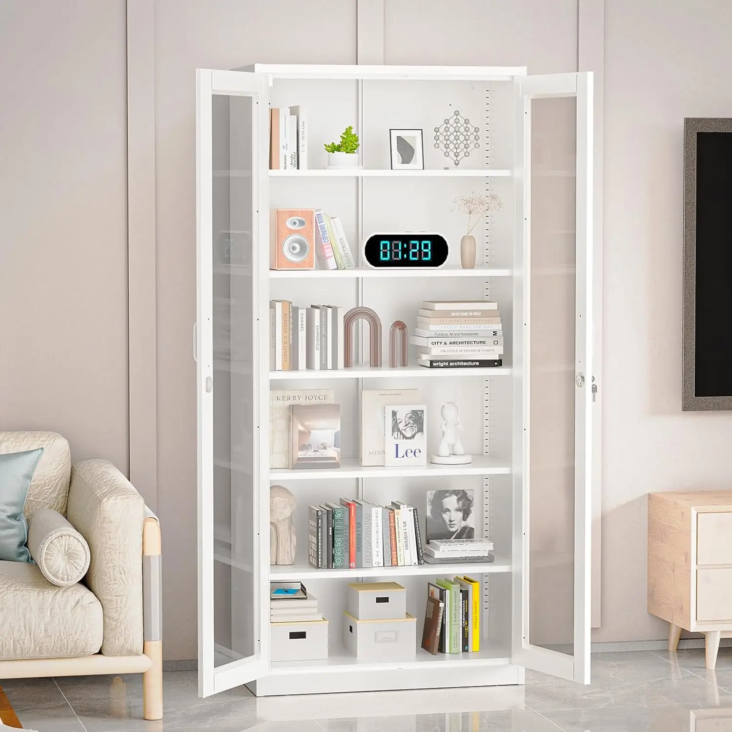 71 Inch Tall Lockable White Metal Display Cabinet With Glass Doors, 5 Adjustable Shelves Curio Liquor Storage Unit For Office Living Room Pantry Garage
71 Inch Tall Lockable White Metal Display Cabinet With Glass Doors, 5 Adjustable Shelves Curio Liquor Storage Unit For Office Living Room Pantry Garage