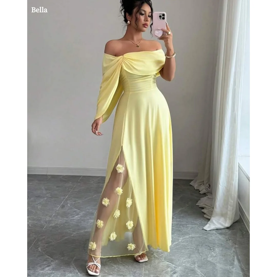 Bella Customized Yellow 3D Flowers Side Slit robes de soirée Off The Shoulder Long Sleeves Party Dresses A-line Prom Dress 2025
Bella Customized Yellow 3D Flowers Side Slit robes de soirée Off The Shoulder Long Sleeves Party Dresses A-line Prom Dress 2025