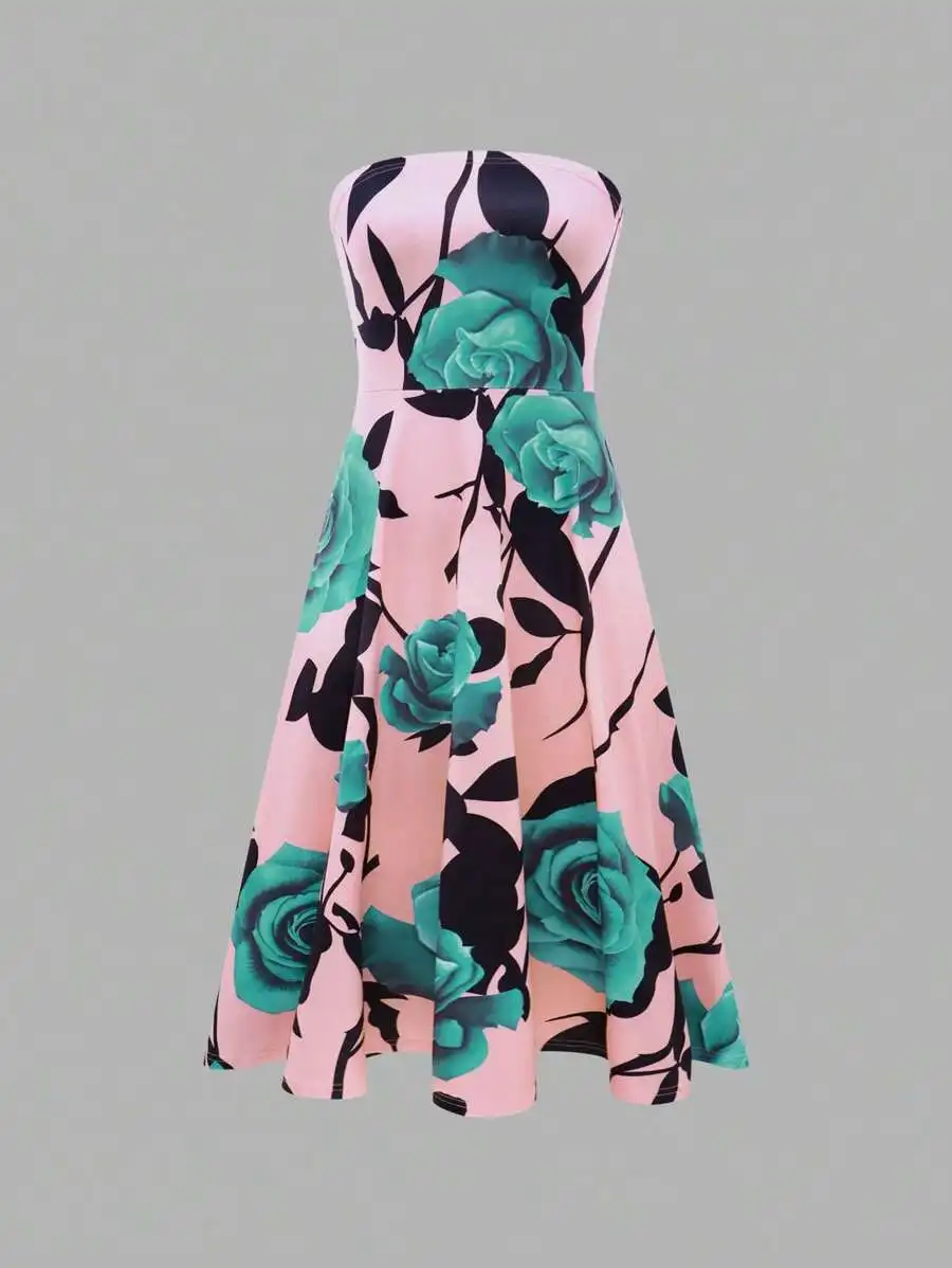 Floral Print Tube Dress Women Pink Green Roses A-Line Sleeveless Summer Dress
Floral Print Tube Dress Women Pink Green Roses A-Line Sleeveless Summer Dress