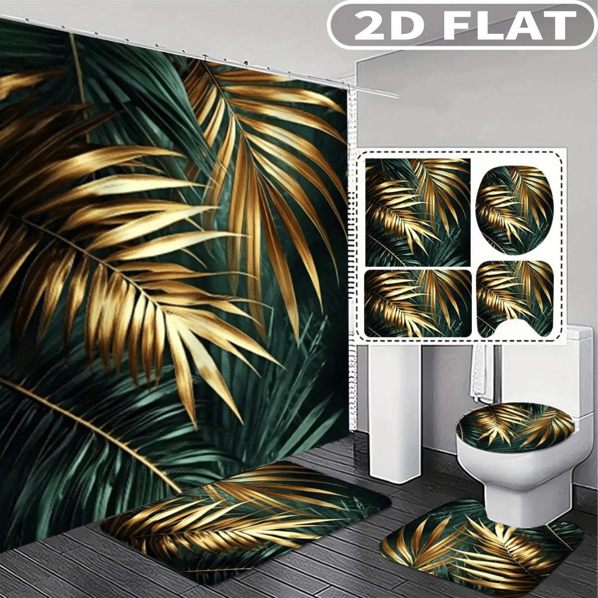 4pcs 2D FLAT Golden Palm Leaves Pattern Pattern Shower Curtain Set, with 3pc Bath Mat and 1pc Curtains Perfect for Home Decor
4pcs 2D FLAT Golden Palm Leaves Pattern Pattern Shower Curtain Set, with 3pc Bath Mat and 1pc Curtains Perfect for Home Decor