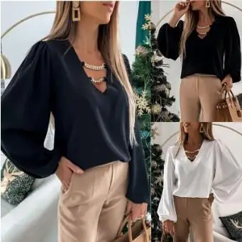 Elegant Long Sved Collar Shirt for Women with Chain Decoration Women's Fashionable Shirt Classic Style Splice Pure Color
Elegant Long Sved Collar Shirt for Women with Chain Decoration Women's Fashionable Shirt Classic Style Splice Pure Color