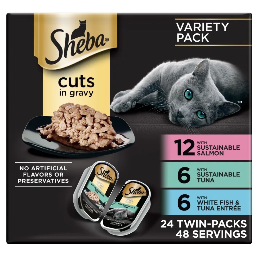 Wet Cat Food Cuts In Gravy Variety Pack, Gourmet Salmon, Signature Tuna, And Delicate White Fish and Tuna Entrées, 24 2.6 Oz. P
Wet Cat Food Cuts In Gravy Variety Pack, Gourmet Salmon, Signature Tuna, And Delicate White Fish and Tuna Entrées, 24 2.6 Oz. P