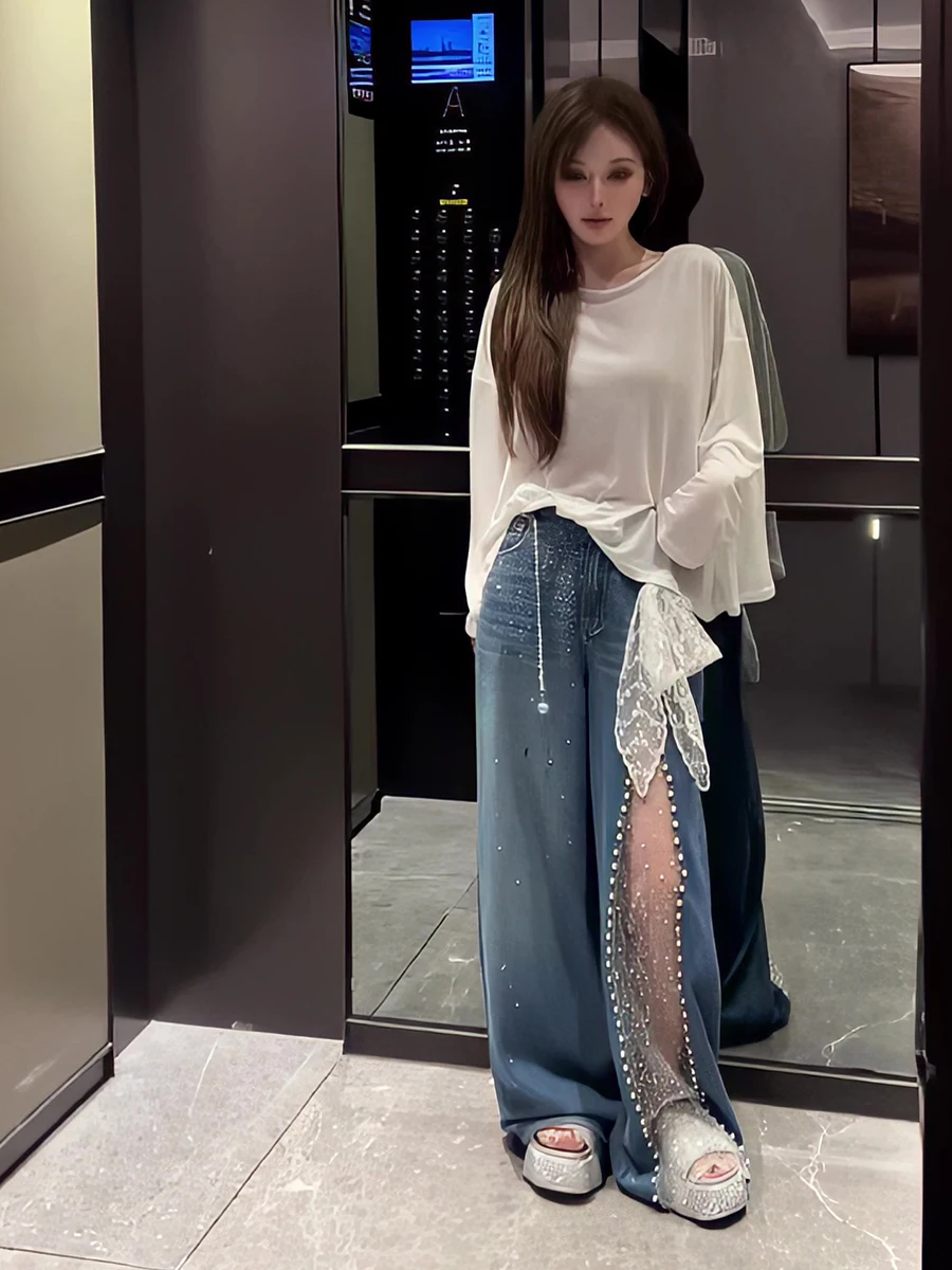 Heavyweight Pearl Netting Wide Leg Denim Jeans High Waist Floor Length Summer New Style for Women Casual Zipper Pocket Loose Fit
Heavyweight Pearl Netting Wide Leg Denim Jeans High Waist Floor Length Summer New Style for Women Casual Zipper Pocket Loose Fit