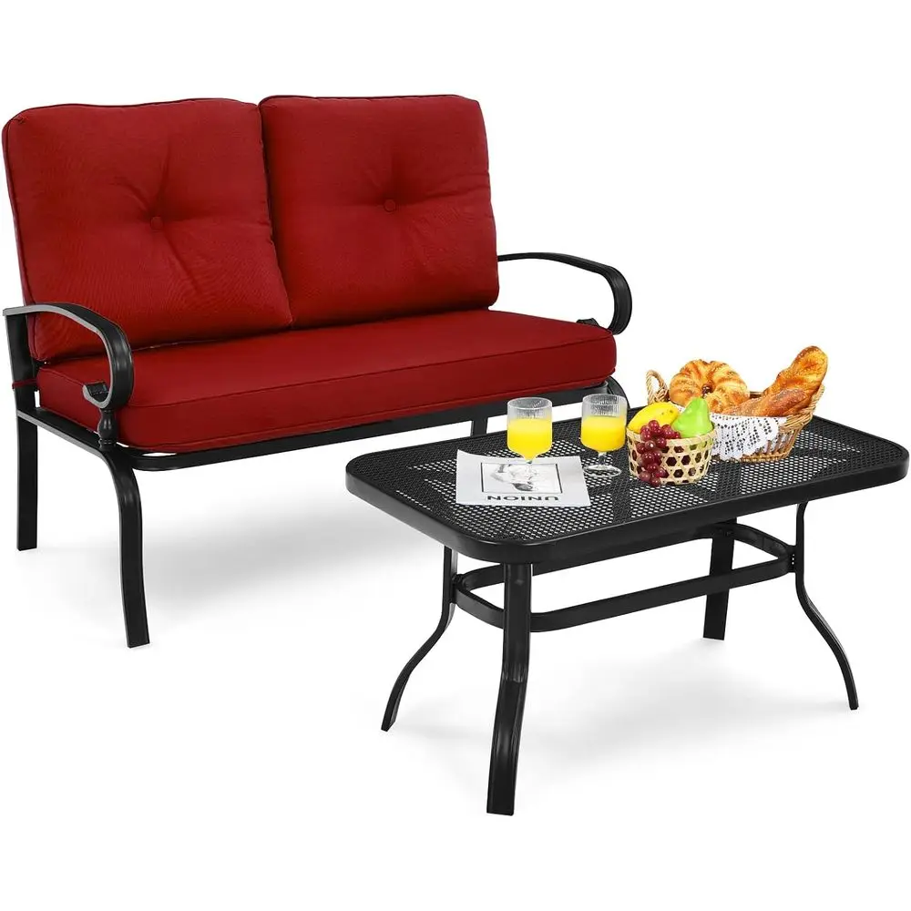 Outdoor Patio Loveseat, Coffee Table, and Bench Set with Cushions in Deep Red and Black for Porch, Garden, Yard, or Poolside
Outdoor Patio Loveseat, Coffee Table, and Bench Set with Cushions in Deep Red and Black for Porch, Garden, Yard, or Poolside