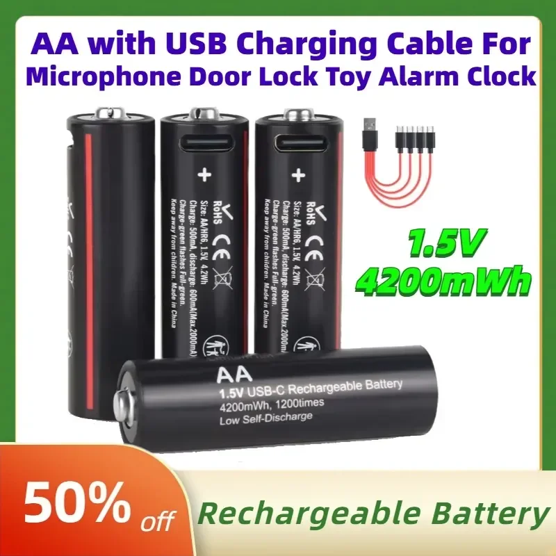 1.5V 4200mWh Lithium Battery AA Rechargeable Batteries with USB Charging Cable for Microphone Door Lock Toy Alarm Clock
1.5V 4200mWh Lithium Battery AA Rechargeable Batteries with USB Charging Cable for Microphone Door Lock Toy Alarm Clock