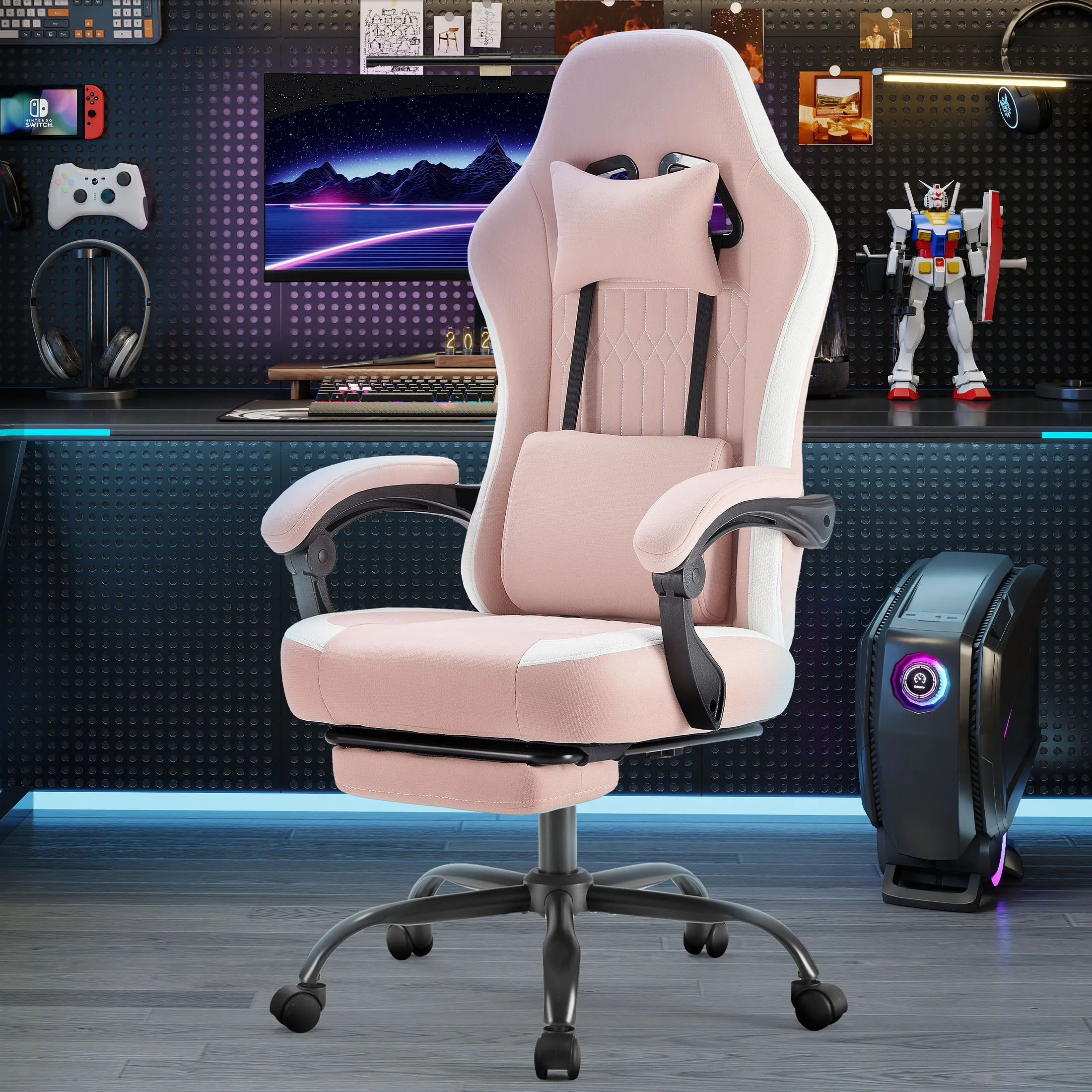 Computer game chair - lumbar support, adjustable height with armrests and headrests, 360° rotating wheels
Computer game chair - lumbar support, adjustable height with armrests and headrests, 360° rotating wheels