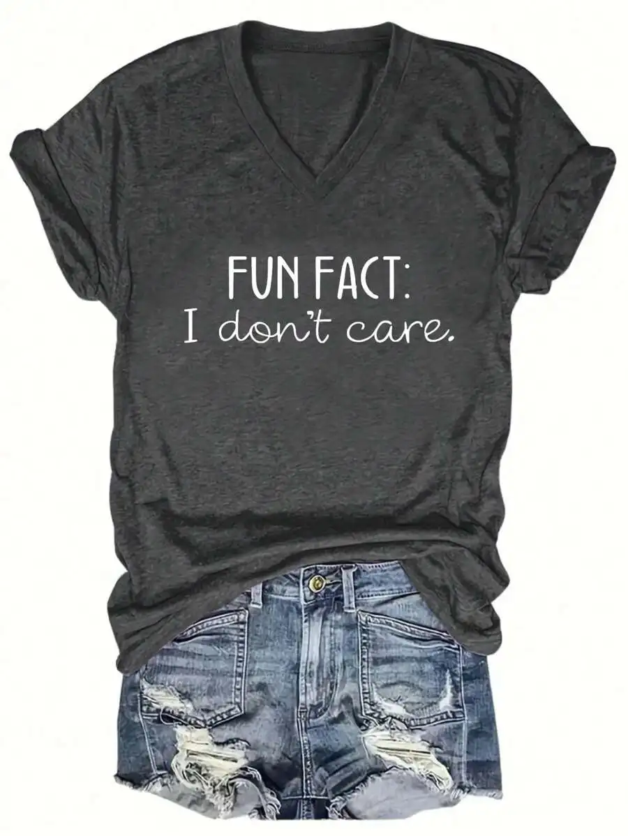 Womens V-Neck Short Sleeve Casual Tee With Fun Fact I Dont Care Slogan Print
Womens V-Neck Short Sleeve Casual Tee With Fun Fact I Dont Care Slogan Print