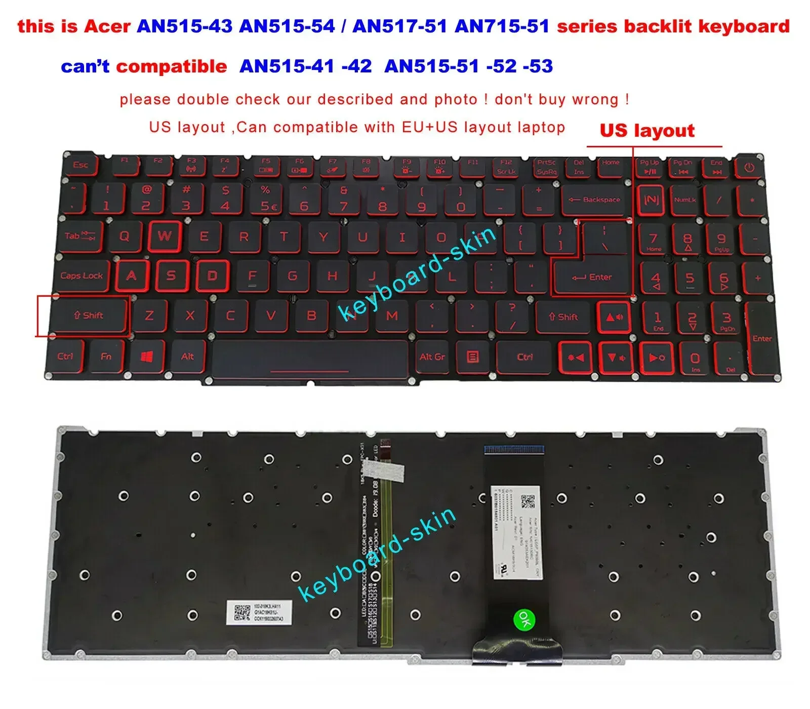 US backlit Keyboard For Acer Nitro AN515-54 AN515-43 AN517-51 AN715-51 N20C2,N18C3 N18C4 (isn't for AN515-41-42-51-52-53) laptop
US backlit Keyboard For Acer Nitro AN515-54 AN515-43 AN517-51 AN715-51 N20C2,N18C3 N18C4 (isn't for AN515-41-42-51-52-53) laptop